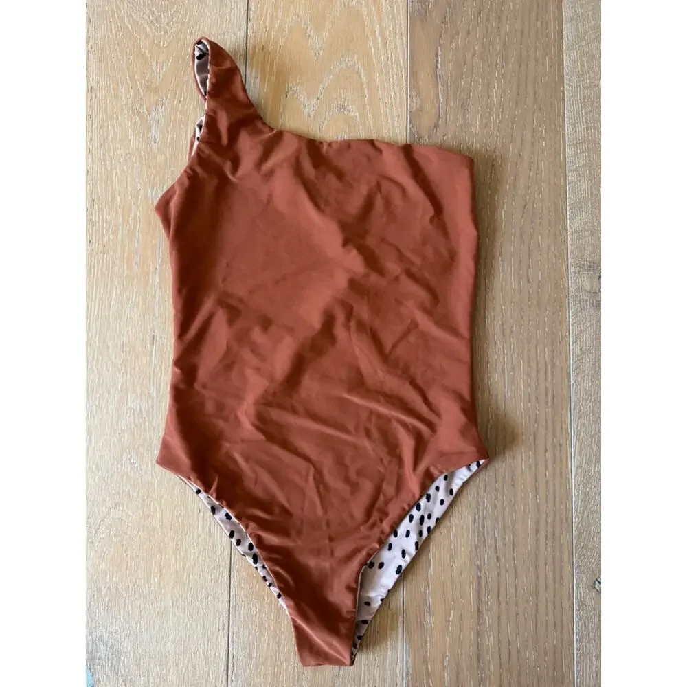 Kainani Swimwear Genevieve Reversible One Shoulder Swimsuit M Caramel Speckle